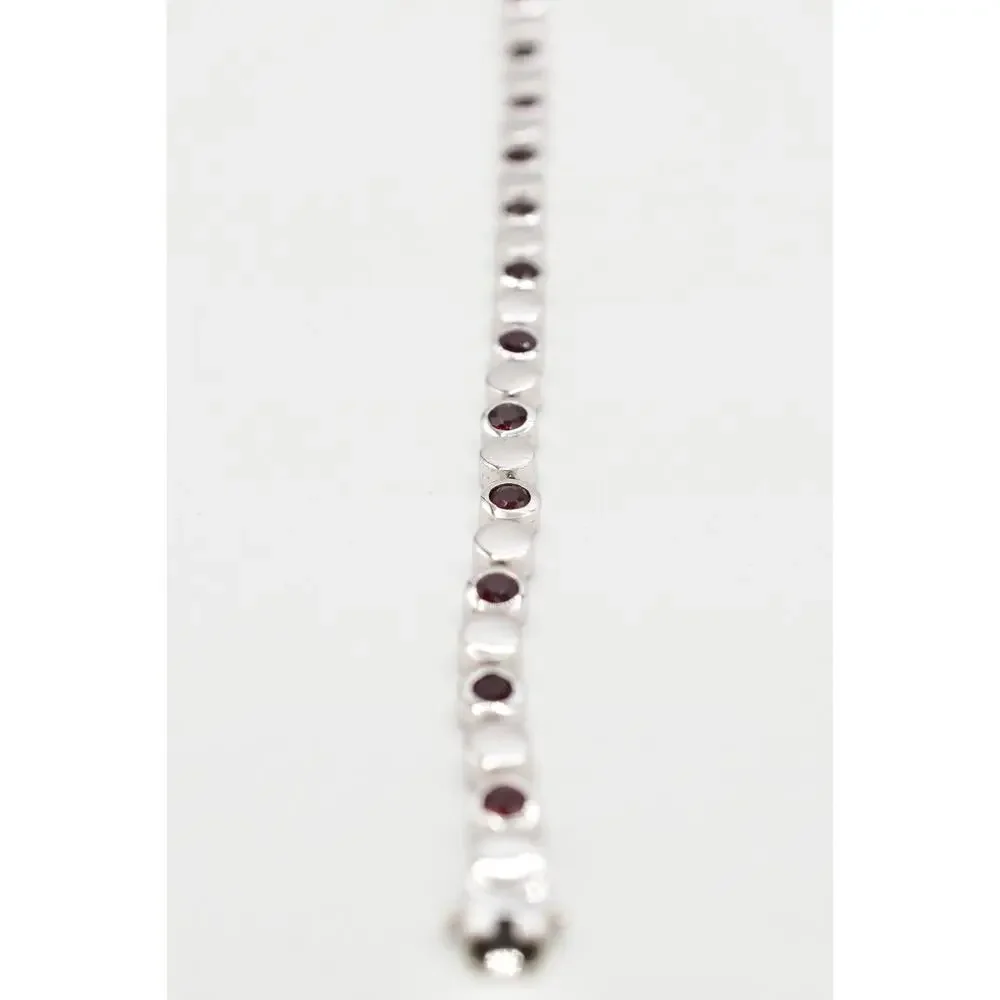 925 Sterling Silver Tennis Chain Bracelet Red Rhinestone Crystal Signed BinO